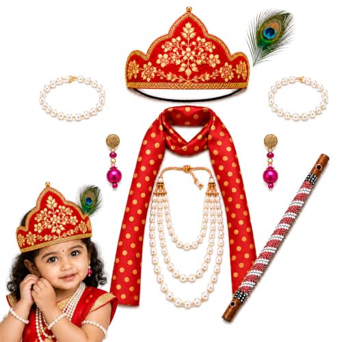Image of Sarvda Krishna & Radha Dress for Kids - Complete Janmashtami Costume Sets with Dhoti /Lehenga, Mukut, Mor Pankh, Bansuri & Accessories | Fancy Dress for Baby Boys & Girls
