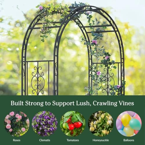 Image of Plow & Hearth Arch Metal Outdoor Garden Arbor | Montebello | 7 Feet Tall | Steel Iron Trellis Lattice for Climbing Plants & Heavy Vines | Wedding Outdoor Patio Decor