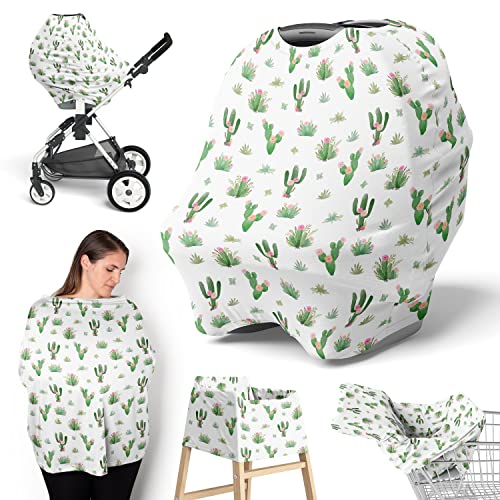 Image of Sweet Jojo Designs Cactus Floral Girl Infant Baby Car Seat Cover Nursing Breastfeeding Shopping Cart Stroller Canopy - Pink and Green Boho Bohemian Watercolor Shabby Chic Desert