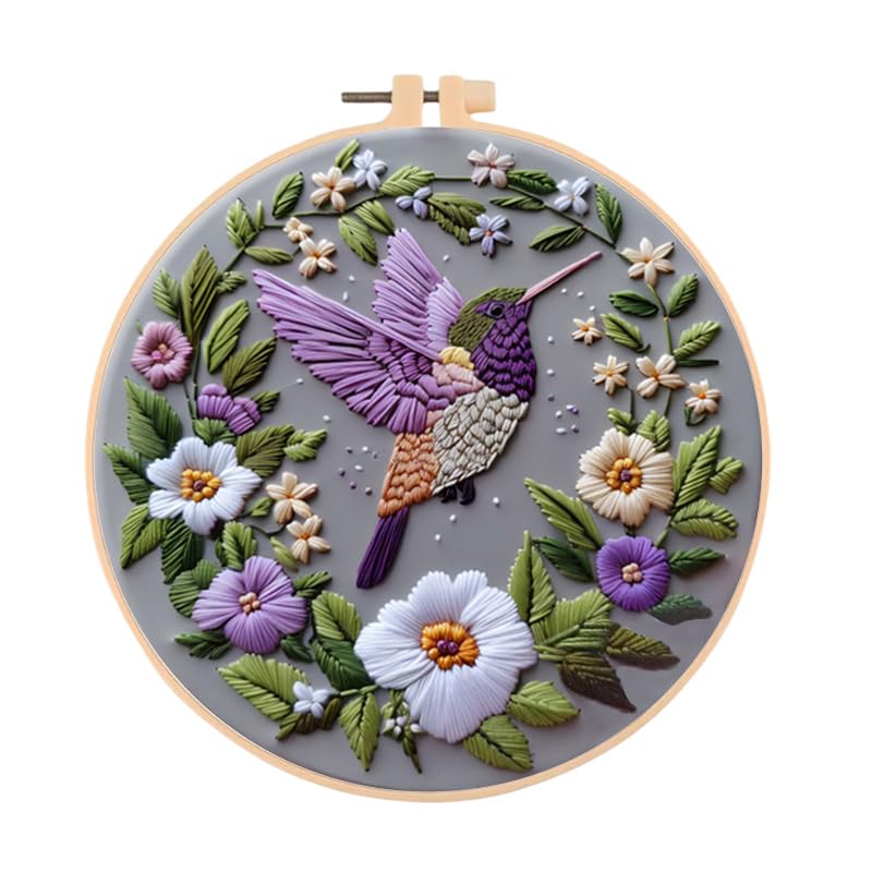 HuacanEmbroidery Kit for Beginners Adults Includes Stamped Flower Pattern, Hoop, Color Threads,Tools,Easy to Follow Instruction (Purple)