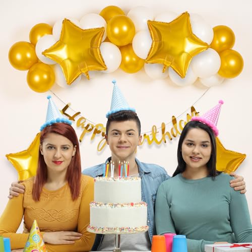 Image of Party Propz Birthday Decoration Kit - 26 Pcs Golden & White Theme - Happy Birthday Banner, Star Foil Balloons, Decoration Kit for Boys, Girls & Husband (Cardstock,Foil)