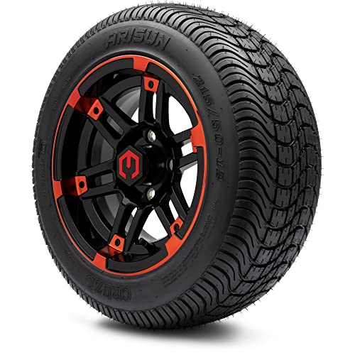 MODZ® Aftershock Red and Black 12" Golf Cart Wheels and Arisun Cruze (215/50-12) DOT Low Profile Golf Cart Tires Combo - Set of 4