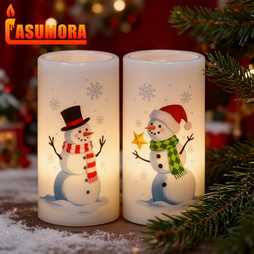 Image of Christmas Snowman Flameless Pillar Candles with Remote Timer