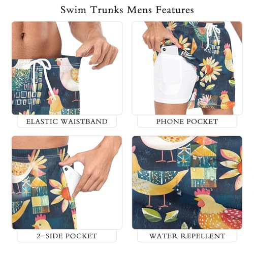 xigua Colorful Rooster Mens Swim Trunks with Liner, 5 inch Quick Dry Mens Boardshorts for Beach3