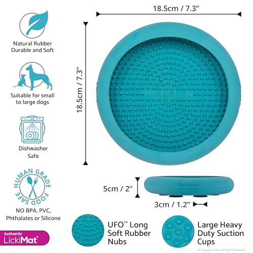 LickiMat UFO Ablenker für Baden, Duschen und Fellpflege, Naturkautschuk, großer Schnuller, Lecknoppen, weiche und laufende Leckereien, einzigartiges Futter- und Dribbelfänger-Design, langsamer