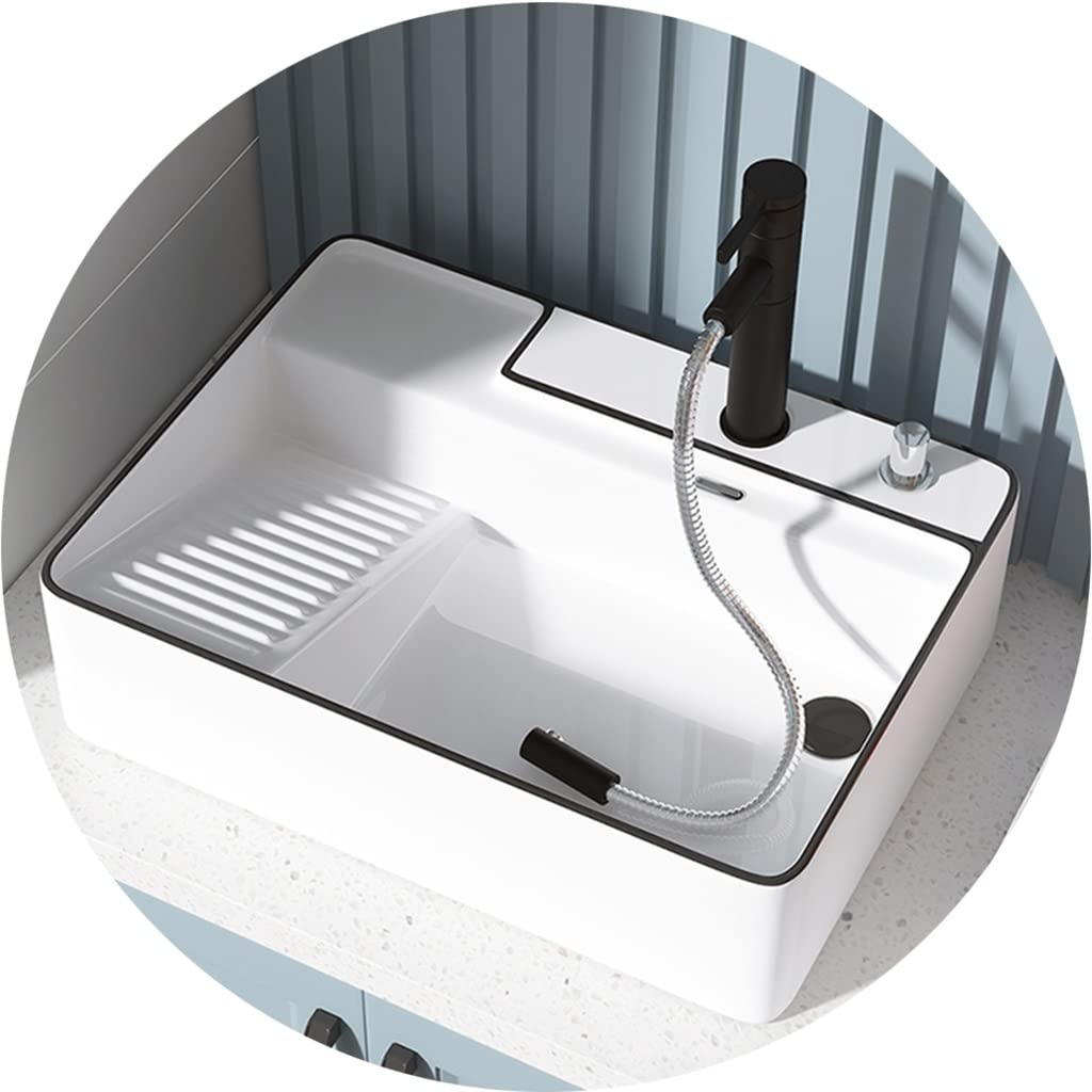 Rectangle Bathroom Sink Above Counter Ceramic Vanity Sink With Pull-out Faucet Art Basin Wash Basin Balcony Laundry Tub With Washboard (Color : White, Size : 51.5x42x15.5cm)
