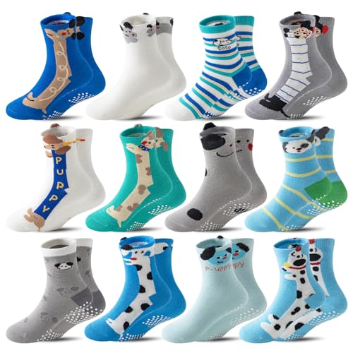 12 Pairs Baby Girls Boys Toddlers Kids Grips Socks Non-Slip/Anti-Skid Funny Cartoon Breathable Cotton Crew Socks