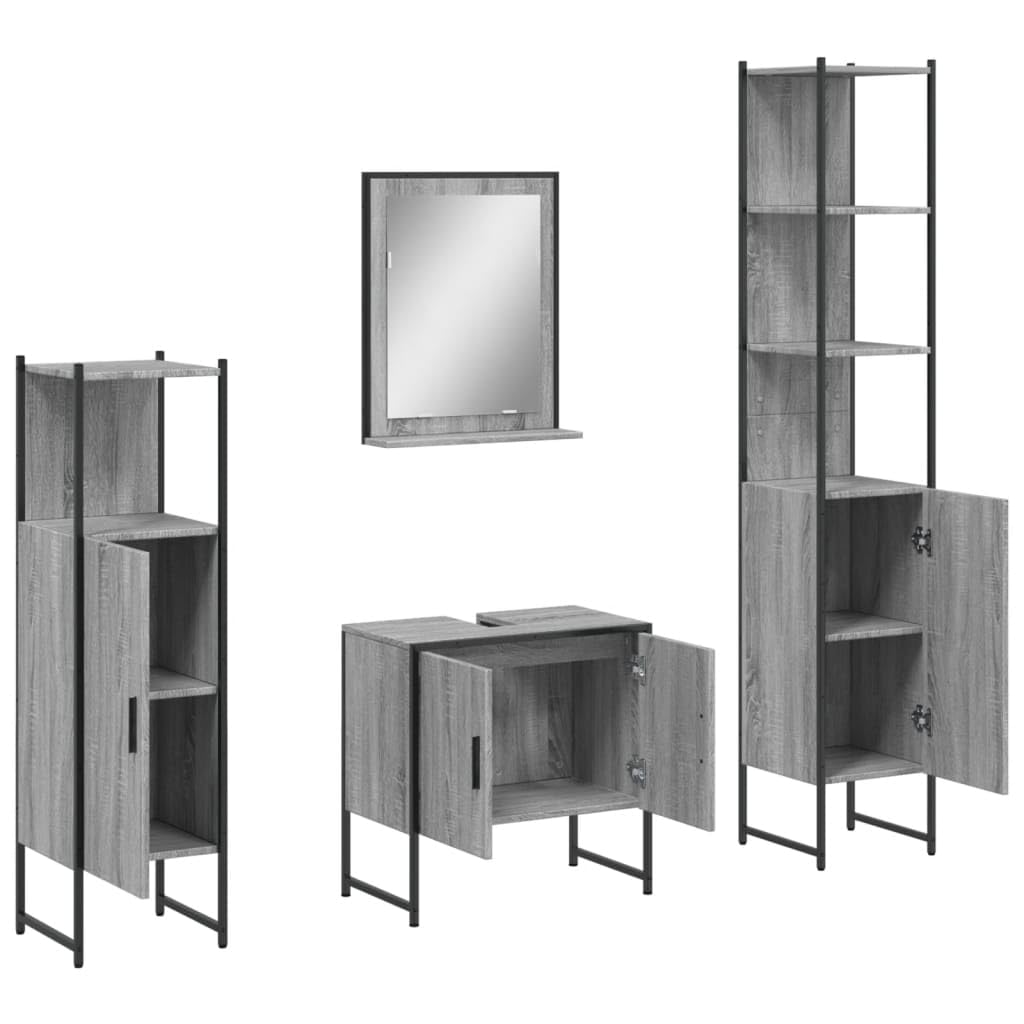 Fengshui Juego de muebles de baño de 4 piezas de color gris de madera y acero con recubrimiento en polvo con mucho espacio de almacenamiento, incluye espejo con estante para utensilios de baño como