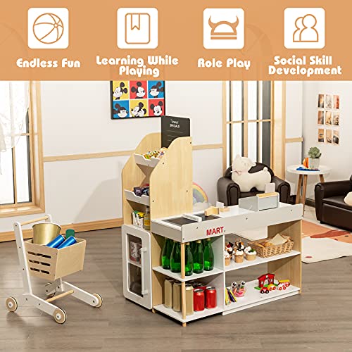 Honey Joy HJ-0724-CA Kids Grocery Store Playset, Wooden Grocery Store Pretend Play W/Cart, Cash Register Stand W/Coins, Chalkboard, Toddler Supermarket Play Toy thumb #4