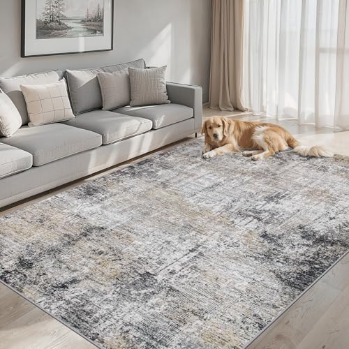 Area Rugs 9x12 Living Room - Washable Rug Modern Abstract Soft Large Neutral Non-Slip Carpet Indoor Floor Thin Carpets for Bedroom Dining Room Farmhouse Nursery Home Office Brown Black Grey