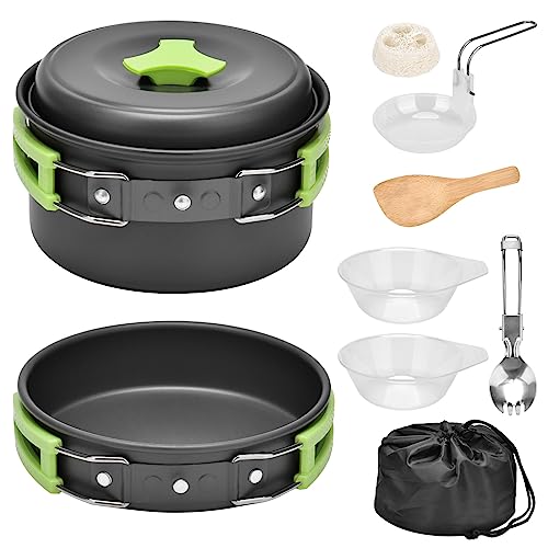 Qtiwe 10-Teilig Cookware Kit Picknick Töpfen Kochgeschirr Campinggeschirr Set für 1-2 Personen zum Camping Outdoor Wandern Picknick BBQ, FDA Zertifiziert (1-2 Personen)