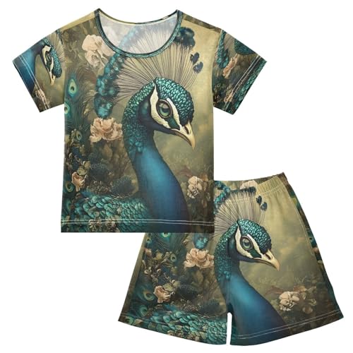 ALAZA Blue Green Peacock Flower Pajamas Set Short Sleeve Cotton Sleepwear Summer Pjs 2 Piece 5-14Y