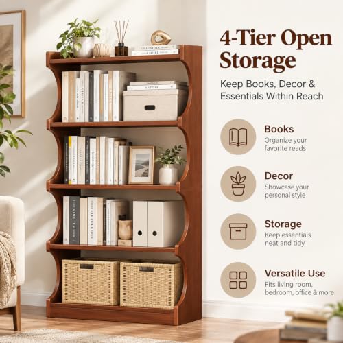 Arched Bookshelf 4-Tier, Walnut Bookcase Open Display Shelf for Living Room - Image 3