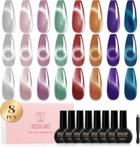 ROSALIND Pintauñas Semipermanentes UV Crystal Cat Eye, 8 Colores Magnético Plateado Rojo Violeta Azul Verde Rosa Esmalte Semipermanente con Imán, Cat Eye Efecto UV para Principiantes Nail Art Salón