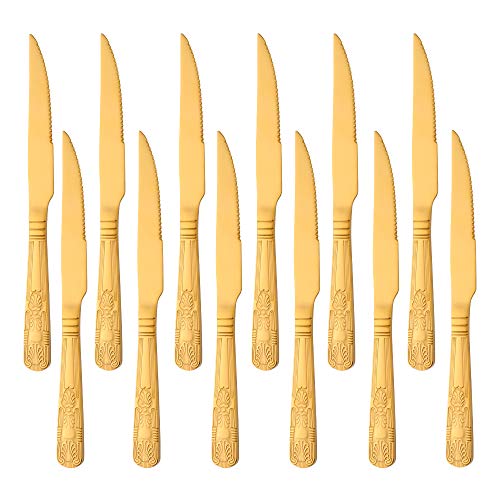 Buyer Star Cuchillos de filete de 12 piezas, cubiertos de acero inoxidable dorado para la cocina y el restaurante en el hogar, vajilla pulida espejo