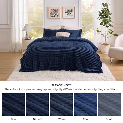Bedsure Fluffy Comforter Set King Size - Super Soft Faux Fur Bed Set Navy, Warm Plush Fleece Winter Bedding, 3 Pieces, 1 Shaggy Fuzzy All Seasons King Comforter with 2 Pillowcases