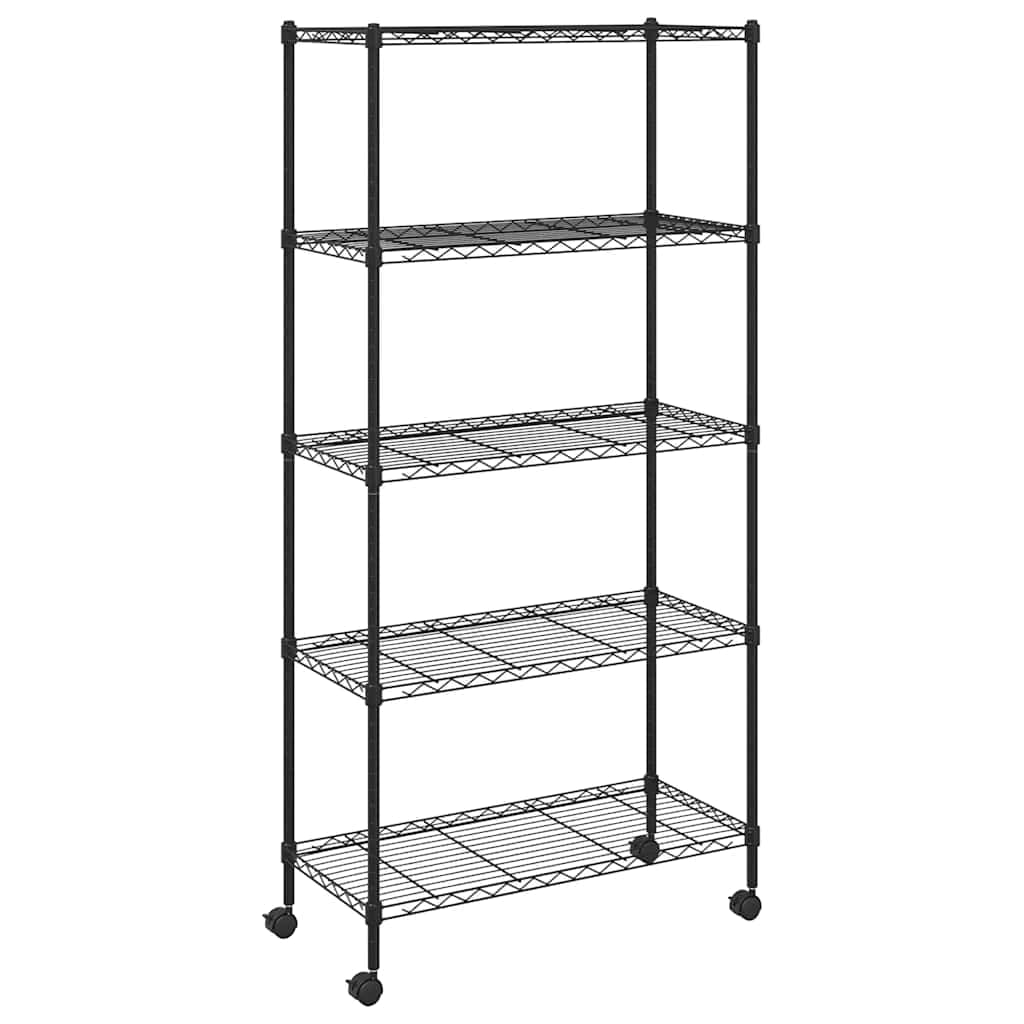 Scaffale in ferro nero con ripiani a griglia e 4 ruote, versatile per cucina, bagno, ufficio, cantina o officina
