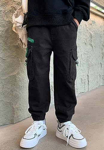 Kids Boy Casual Cotton Elastic Waist Black Cargo Jogger Pants School Uniform Sweatpants Trousers with Pockets3