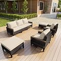 PCSXDSW 7 Pieces Patio Furniture Set, Outdoor Conversation Sets with Footstool, Wicker Rattan Sofa Couches Chairs Ottomans for Porch, Poolside, Deck, Balcony, Backyard, Yard, Garden (Beige Cushions)