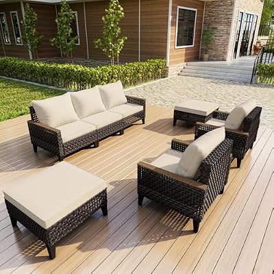 PCSXDSW 7 Pieces Patio Furniture Set, Outdoor Conversation Sets with Footstool, Wicker Rattan Sofa Couches Chairs Ottomans for Porch, Poolside, Deck, Balcony, Backyard, Yard, Garden (Beige Cushions)