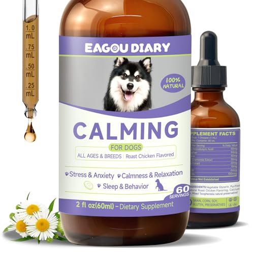 Calmante per Cani, Gocce Calmanti per Cani durante Separazione, Fuochi d'Artificio, Temporali, Abbaio, Aiuto per il Sonno, Sollievo dall'Ansia per Cane Contiene L-Tryptophan, Camomilla, Vitamine, 60ml