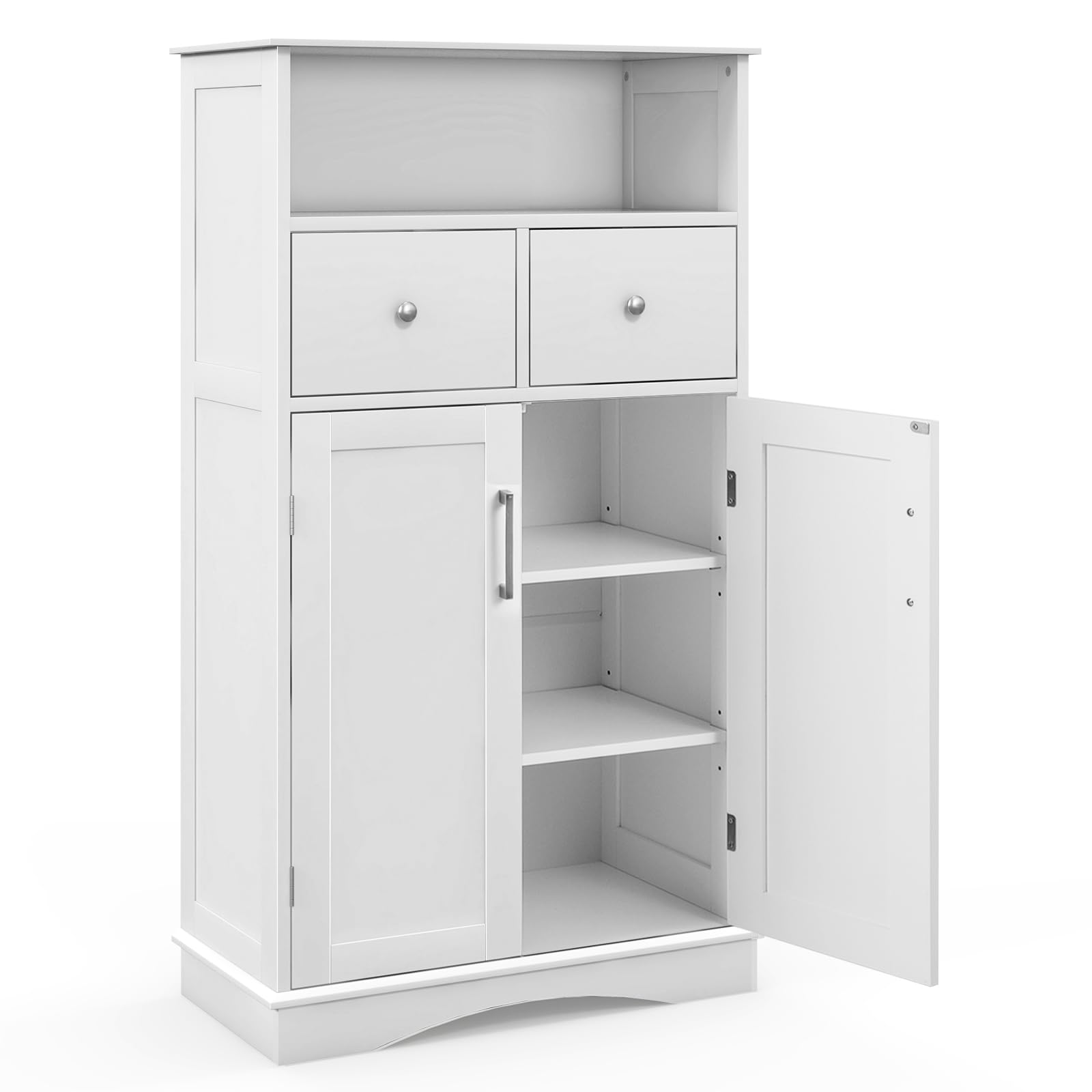 COSTWAY Bathroom Floor Cabinet, Freestanding Storage Cupboard with Double Door and Adjustable Shelves, Wooden Side Cabinet Organizer Unit for Bathroom Living Room Hallway (White, Open Shelf+2 Drawers)