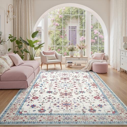 DCX Ivory and Dusty Rose Pink Floral 6x9 Area Rugs for Living Room, Machine Washable Large Soft Boho Non-Slip Botanical Rug for Bedroom Dinning Room Kitchen Flowers Playroom Nursery Carpets
