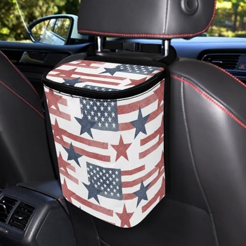 Image of Talayituse Star American Flag Print Car Trash Bin, Large Size Auto Trash Can Adjustable Portable Garbage Can with Lid, Vehicle Hanging Bag for Headrest Front Back Seat 4th of July Decor