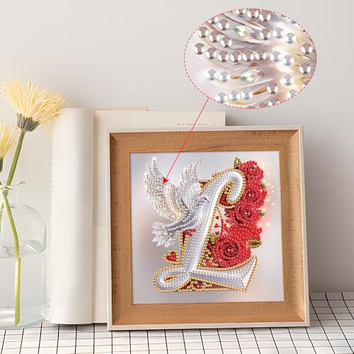 Image of AiYuanzsh 5D Diamond Art Kits for Adults Letter L, Lovely Floral Rose & Dove DIY Diamond Painting Kit for Beginners, Special Shape Alphabet Diamond Art Craft for Home Wall Display 17x17cm