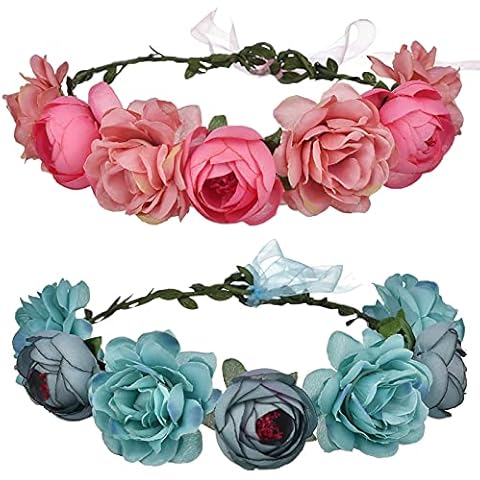 Flower Wreath Crown Hair Wreath Hair Garland Floral Wreath Headband Bride Flower Crown Adjustable Floral Crown Headband Flower Garland Hair Band for Girls Women Ladies Wedding Festival Party, 2 pieces Cover