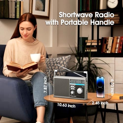 Portable Shortwave Radio, AM FM SW Transistor Radio with Best Reception, Battery Operated or AC Power, Big Speaker, Bluetooth Connection, Earphone Jack USB TF Card AUX Input, for Senior(Gray)