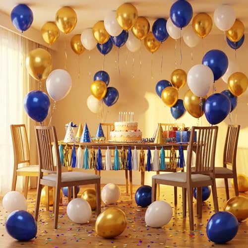 Image of Hiquaty Blue and Gold Balloons,60pcs Royal Blue Balloons,12 Inch Blue and White Balloons with Blue Ribbon for New Year Party Wedding Bridal Shower Decorations