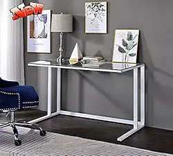 Versão atualizada 119.4 cm mesa de computador contemporânea de vidro temperado transparente para espaços pequenos, mesa de trabalho para escritório em casa com moldura de metal resistente, mesa de