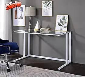 Versão atualizada 119.4 cm mesa de computador contemporânea de vidro temperado transparente para espaços pequenos, mesa de trabalho para escritório em casa com moldura de metal resistente, mesa de