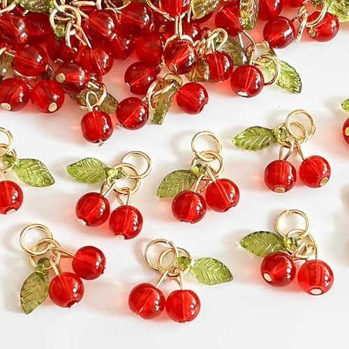 SOFISO 30 Pcs Red Cherry Charms Mini Cute Glass Fruit Beads Charm Acrylic Beaded Charms with Loop for Earrings Bracelets Necklaces Jewelry Making DIY CraftsRed