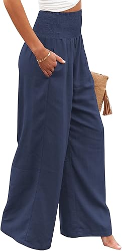 Miniatura 10 de Vansha Pantalones palazzo de lino de algodón de cintura alta para mujer pantalones largos de pierna ancha con bolsillo