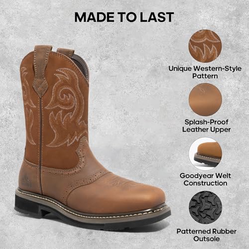 NORTIV 8 Steel Toe Cowboy Boots for Men Western Square Toe Leather Work Boots with Hazard Protection,for Construction Farming Bronco Trailblazer2