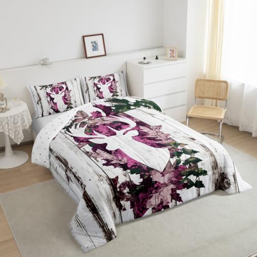 Image of Feelyou Deer Hunting Comforter Size Pink Camo Deer Bedding Set Boys Girls Deer Antlers Army Camouflage Comforter Western Duvet Insert with 1 Pillow Case