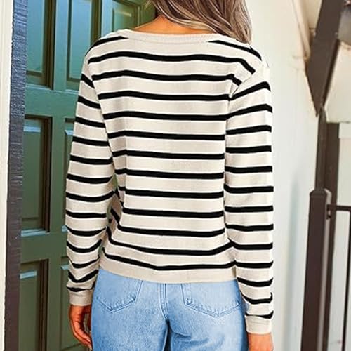 Women's Casual Sweaters Round Neck Gold Cardigan Striped Knitted Outerwear Long Sleeve Top with3