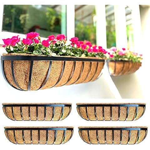 LaLaGreen Deck Railing Planter Boxes for Plants (4 Pack, 30 Inch) Large Black Wall Planters for Outdoor Plants, Window Flower Boxes Deck Railings with Coco Liners Metal Fence Balcony Patio Porch Decor Cover