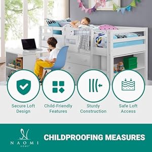Naomi Home Twin Size Loft Bed with Storage, Desk, Cabinet Ladder, Low Study Pine Wood for Kids, Safety Guard Rails, Bookcase Shelf, White Naomi Home Twin Size Loft Bed with Storage Desk Cabinet Ladder Low Study Pine Wood for Kids Safety Guard Rails Bookcase Shelf White