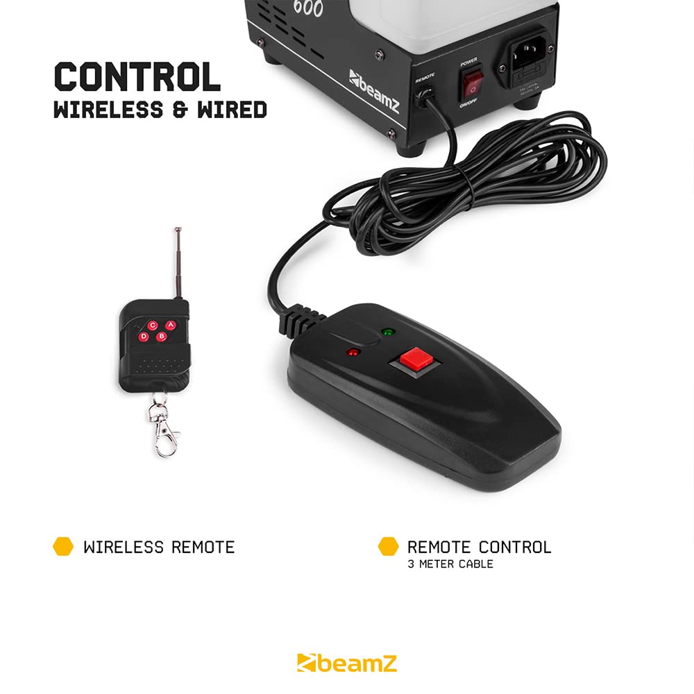 beamz Rage600 Smoke Machine with Wireless Remote Control - 600W Small Fog Machine for DJ Disco Parties, Rapid Heat-Up, 500ml Tank, Ideal Smoke Effect for Lighting & Stage Events