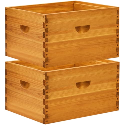 TRINFREE 2 Pack 10-Frame Langstroth Bee Hive Deep Brood Boxes Beeswax Coated Beehive Boxes Not Include Frames and Foundations (Unassembled)