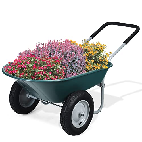 GYMAX Gartenschubkarre 75 Liter Volumen mit 2 Luftreifen, Schiebkarre Transportkarre mit Griff, Bauschubkarre bis 100 kg belastbar, 65 x 145 x 65 cm (Grün)