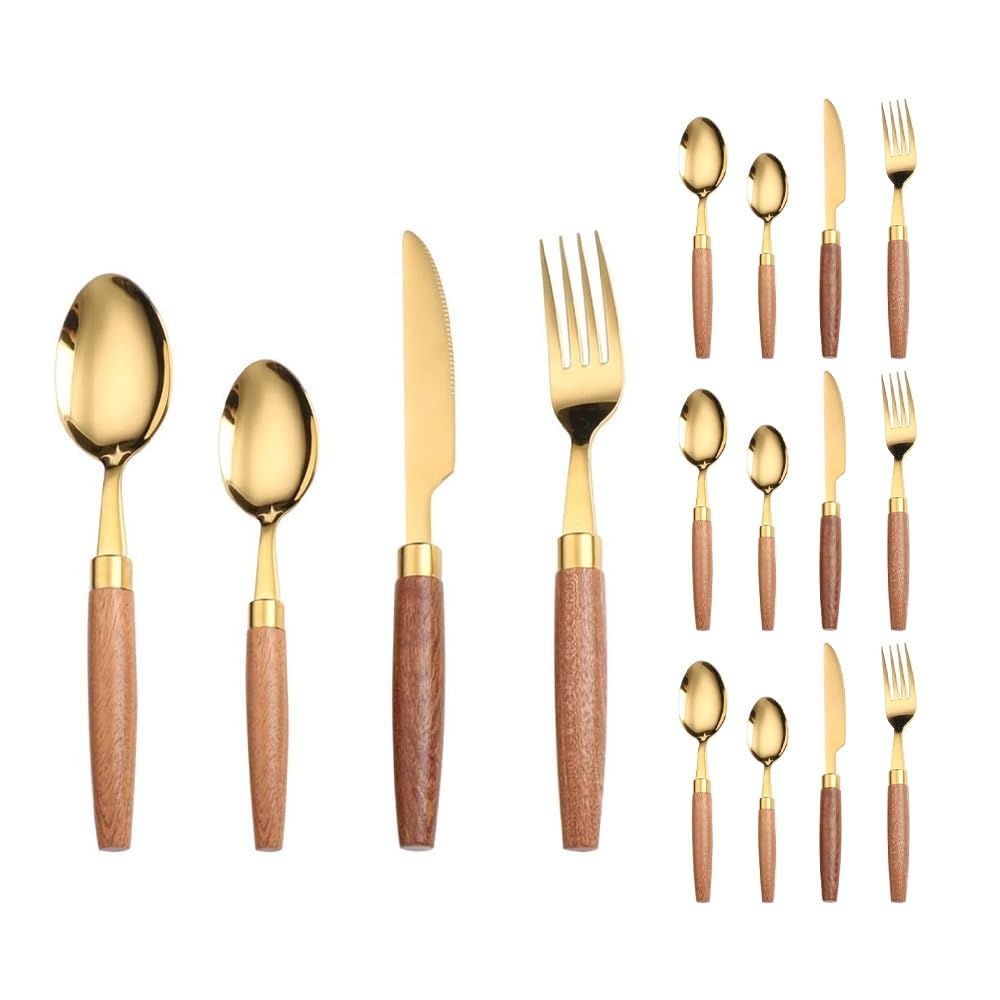 Unico Manico in Legno Da Cucina in Acciaio Inox Posate Posate Posate Set Coltello Da Bistecca Forchetta Cucchiaio Cucchiaino (Oro,16 pezzi)