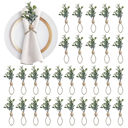 MAOANME Boho Eucalyptus Leaf Napkin Rings with Wood Bead, Set of 30