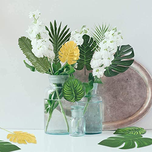 96 Pcs Artificial Tropical Jungle Leaves Party Décor - Palm/ Monstera/ Safari Leaves Luau Party Decorations #TOP1