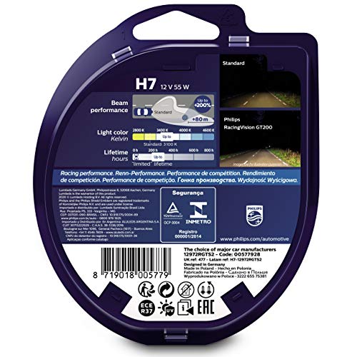 Características técnicas de la lámpara Philips RacingVision GT200 H7, incluyendo rendimiento de haz y color de luz