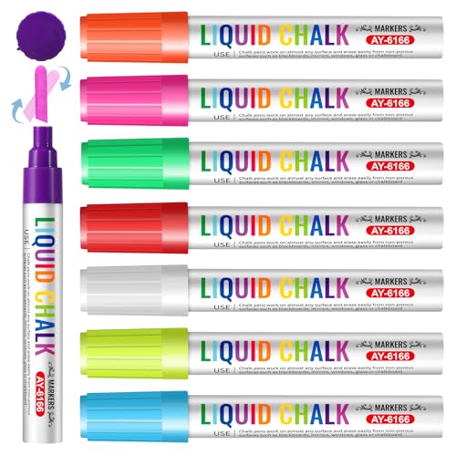 Brencco Pennarelli Gesso Liquido Cancellabili, 8 Pennarello per Vetro Cancellabile, 6mm Punta Reversibile Gesso Liquido per Lavagna Nera, per Lavagna, Vetro, Finestre