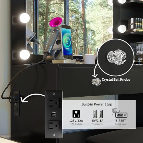 Image of VOWNER 47 inch Vanity with Outlet - Makeup Vanity Desk with Mirror, Storage Shelves and 6 Drawers, 3-Color Light, Makeup Desk Set with Stool for Bedroom, Black
